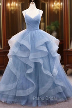 Blue Tulle Long Formal Prom Dresses, Blue Tulle Formal Dresses Sweet 16 Dresses