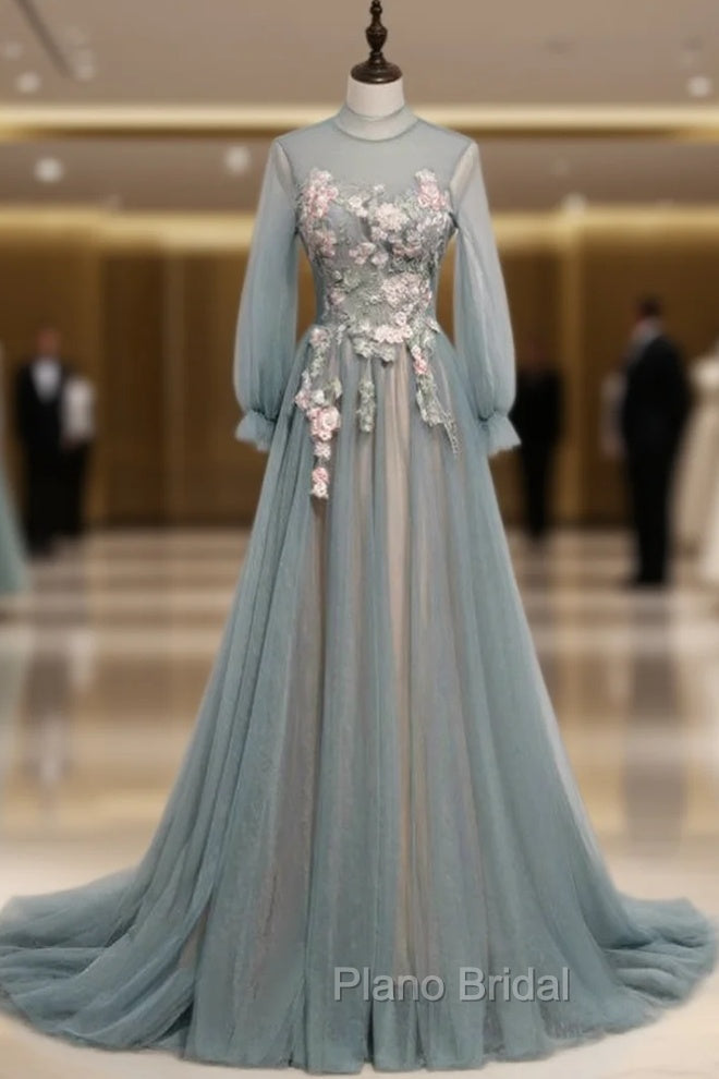 Blue Tulle Long Sleeve Appliques High Neck Formal Prom Dresses Main image
