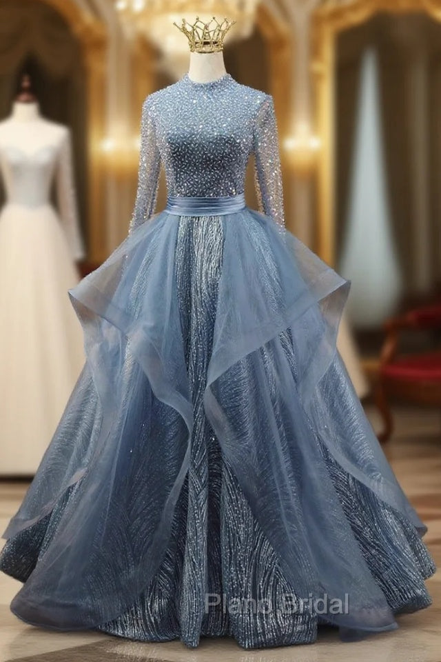 Blue Tulle Long Sleeve Backless Beading Formal Prom Dresses Main image