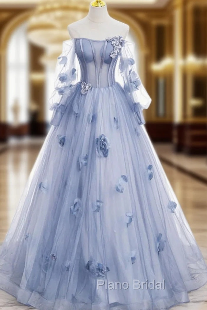 Blue Tulle Long Sleeve Flower Formal Prom Dresses
