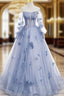 Blue Tulle Long Sleeve Flower Formal Prom Dresses