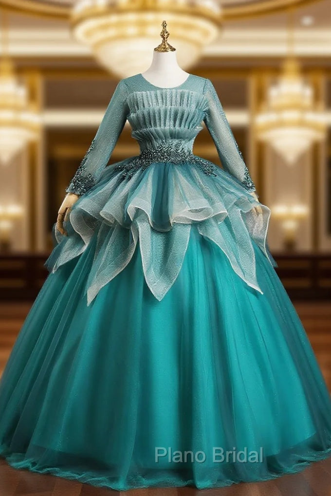 Blue Tulle Long Sleeve Pleats Appliques Beading Quinceanera Dresses Main image
