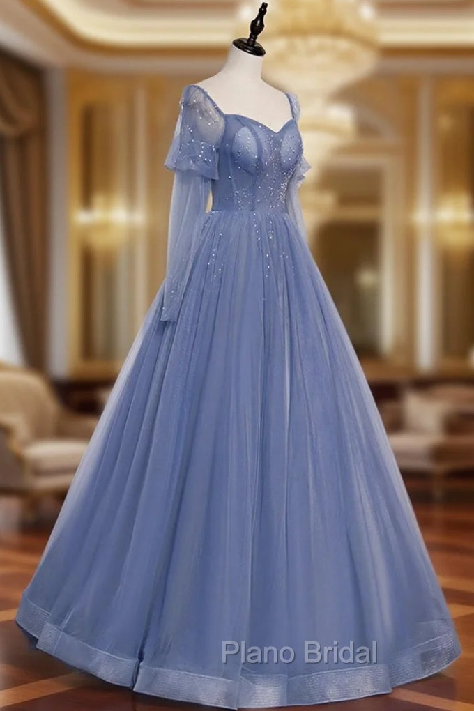 Blue Tulle Long Sleeve Formal Prom Dresses, A-Line Blue Evening Party Dresses Main image