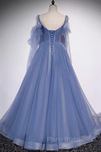 Blue Tulle Long Sleeve Formal Prom Dresses, A-Line Blue Evening Party Dresses