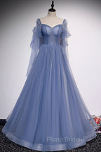 Blue Tulle Long Sleeve Formal Prom Dresses, A-Line Blue Evening Party Dresses