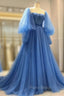 Blue Tulle Long Sleeve Formal Prom Dresses, A-Line Tulle Formal Evening Dresses