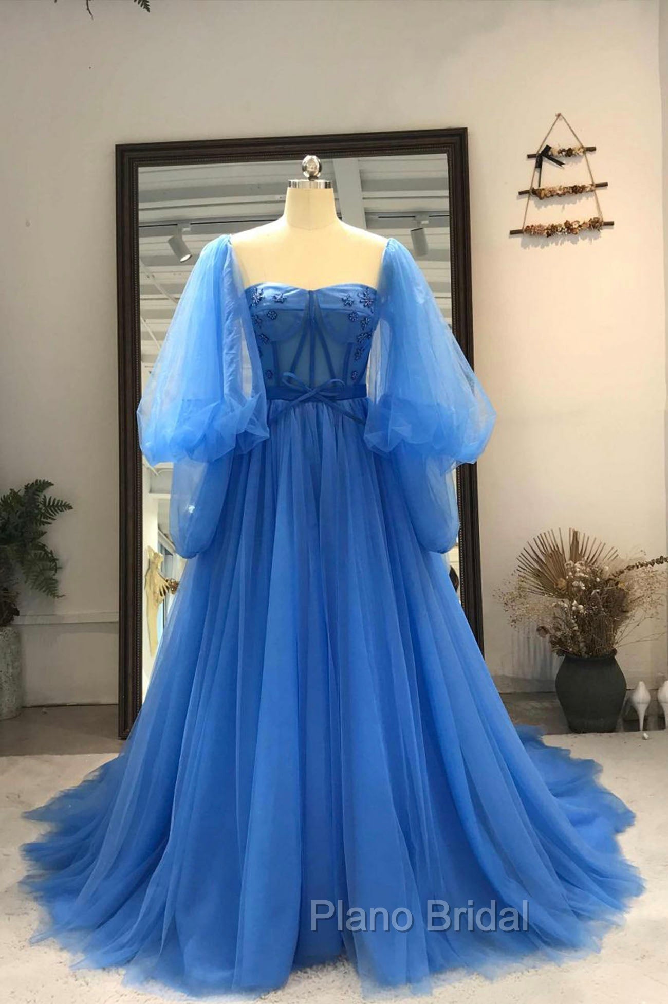 Blue Tulle Long Sleeve Formal Prom Dresses, A-Line Tulle Formal Evening Dresses