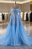 Blue Tulle Long Sleeve Sequins Beading Formal Prom Dresses