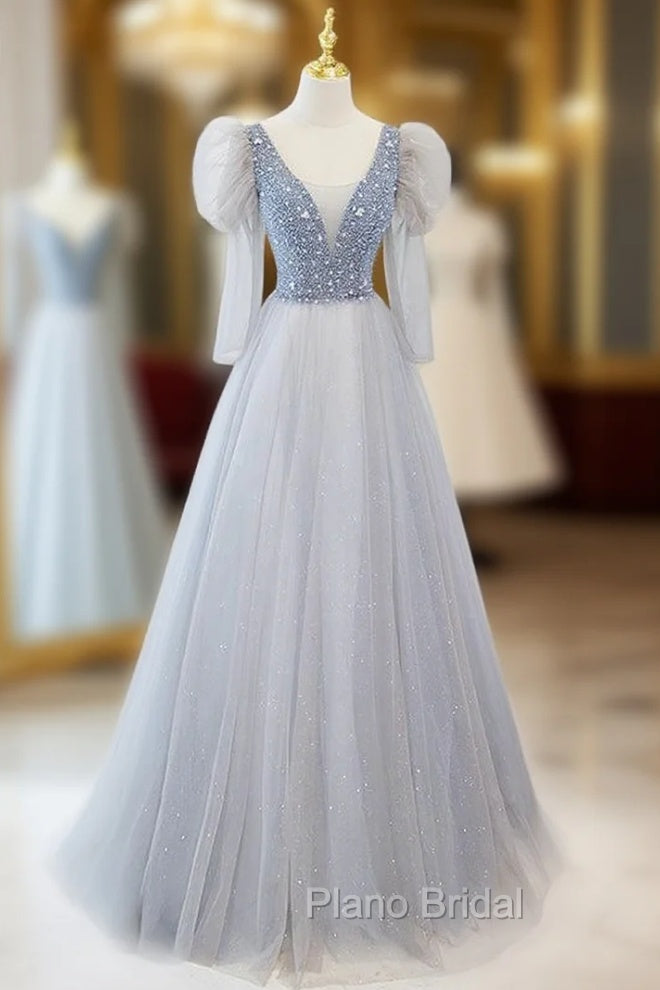 Blue Tulle Long Sleeve V-neck Beading Formal Prom Dresses Main image