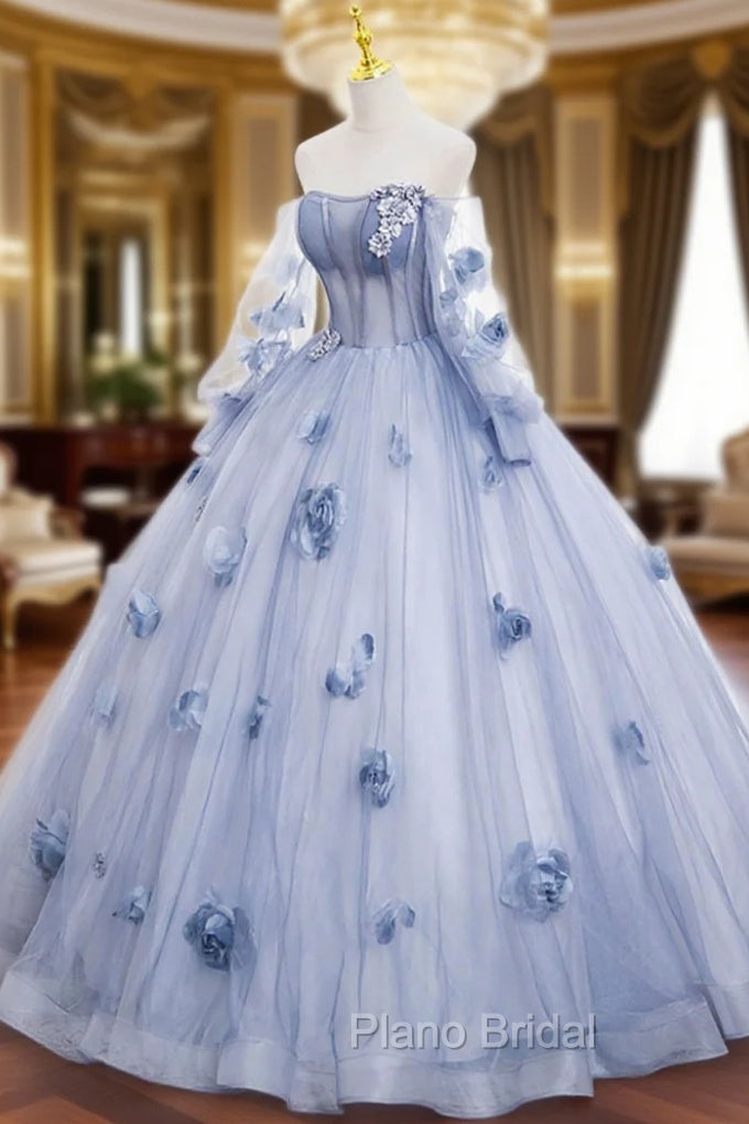 Blue Tulle Long Sleeves Formal Dresses with Flowers, Blue A-Line Formal Prom Dresses Main image