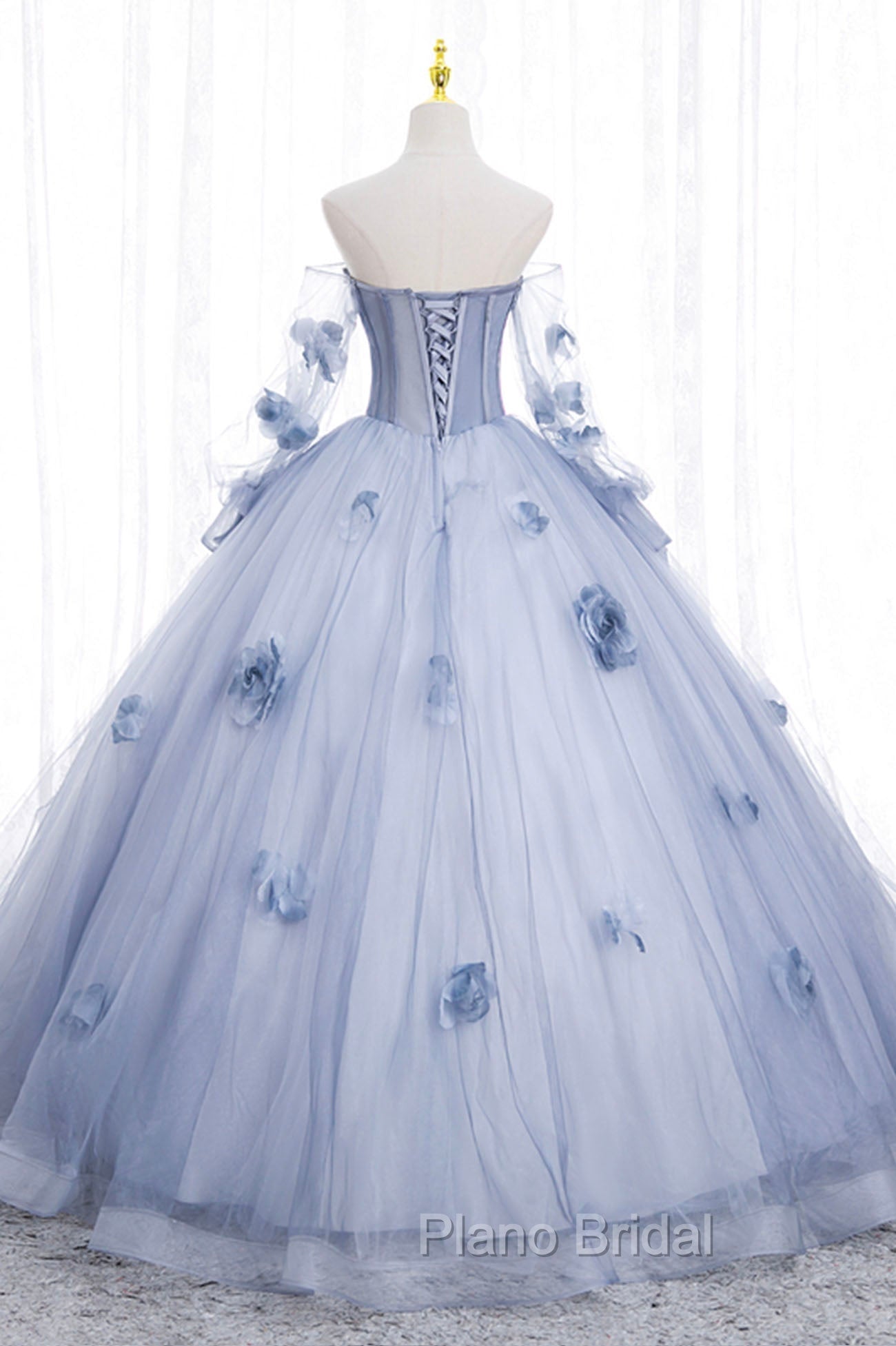 Blue Tulle Long Sleeves Formal Dresses with Flowers, Blue A-Line Formal Prom Dresses