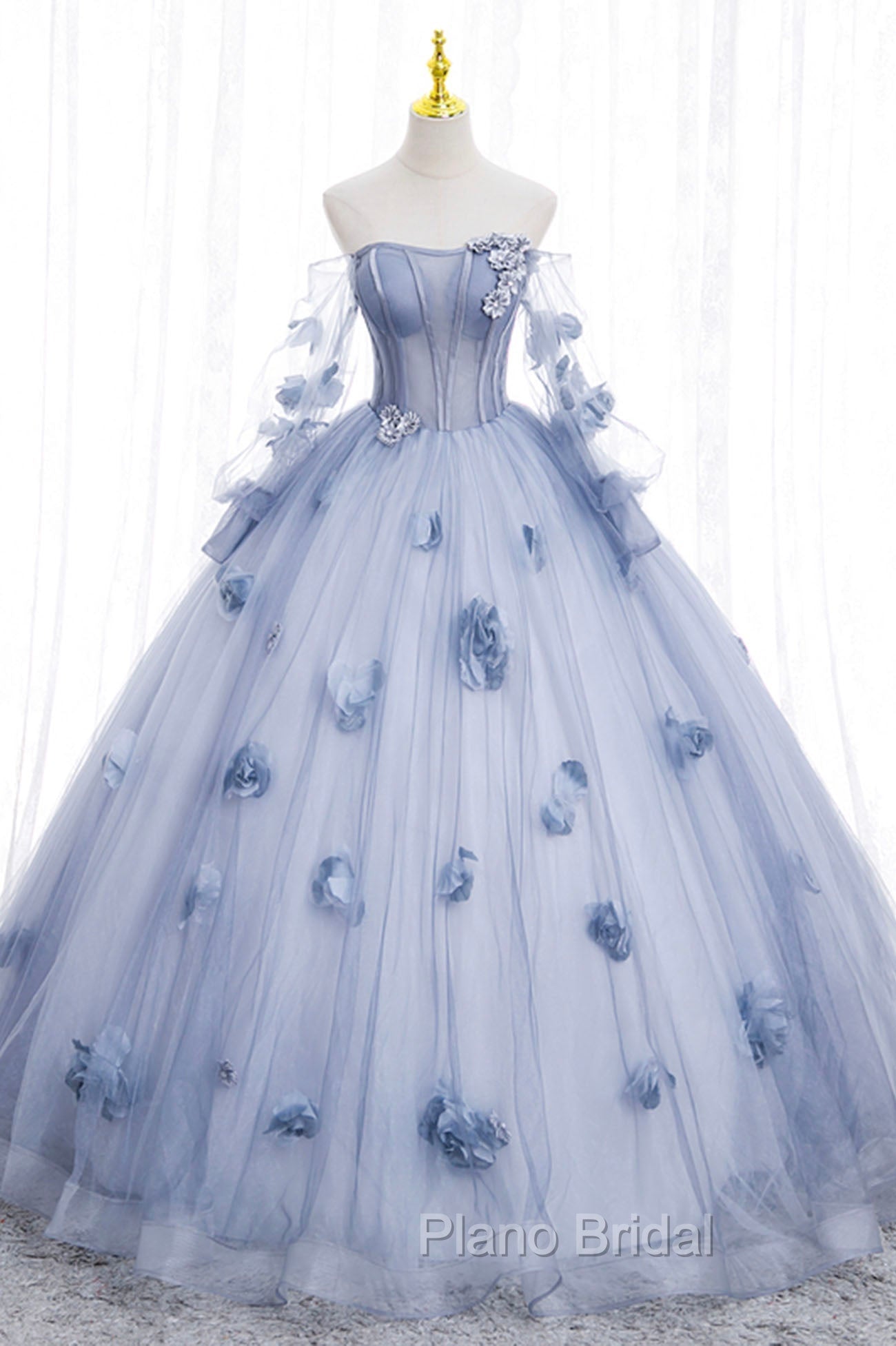 Blue Tulle Long Sleeves Formal Dresses with Flowers, Blue A-Line Formal Prom Dresses