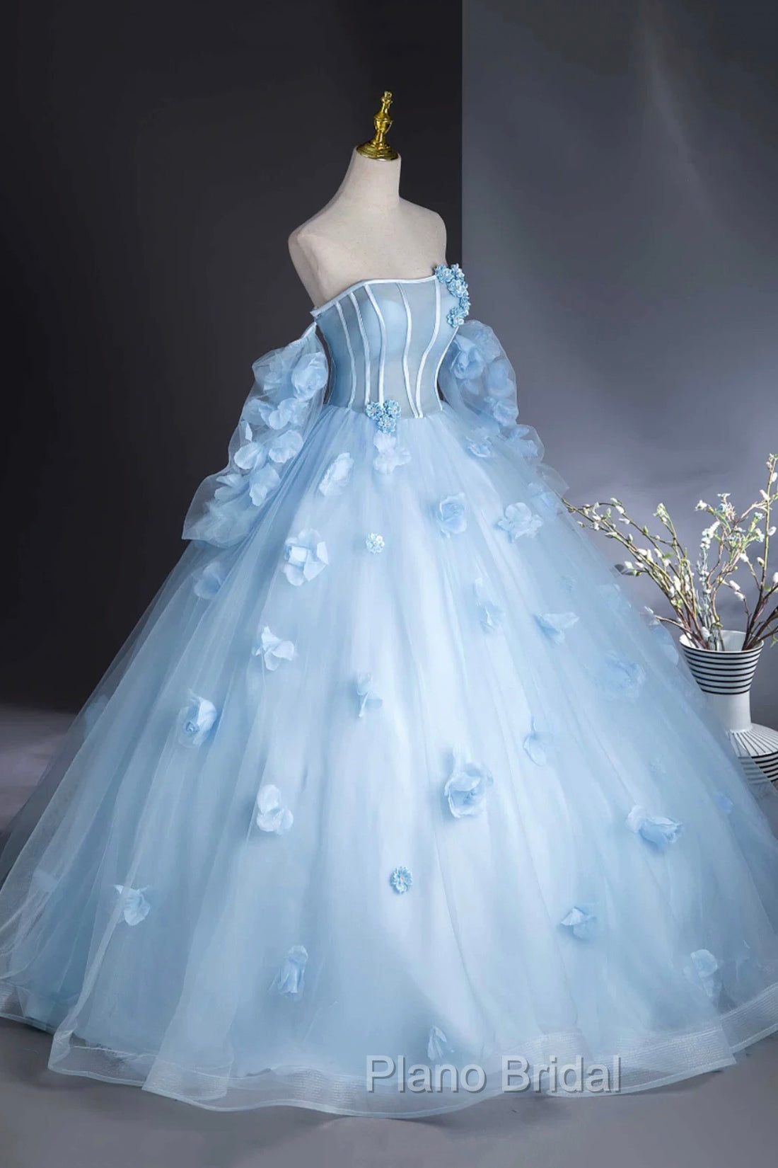 Blue Tulle Long Sleeves Formal Dresses with Flowers, Blue A-Line Formal Prom Party Dresses