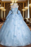 Blue Tulle Long Sleeves Formal Dresses with Flowers, Blue A-Line Formal Prom Party Dresses