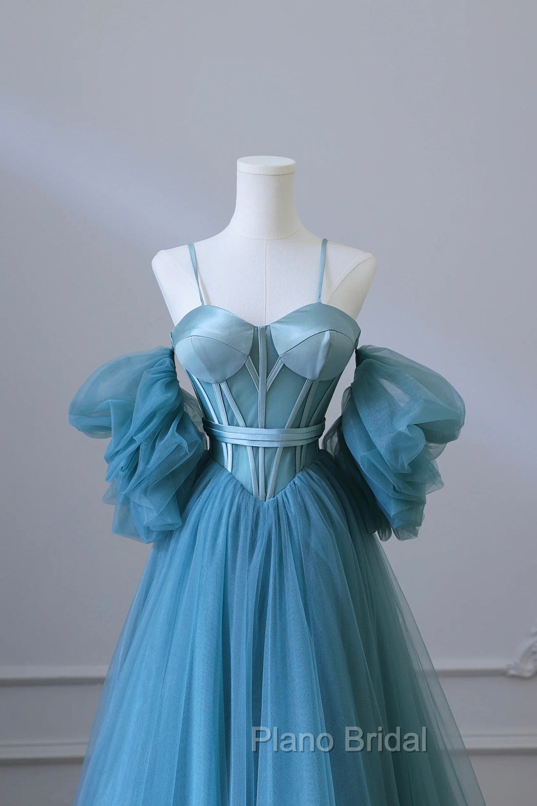 Blue Tulle Long Spaghetti Strap Formal Prom Dresses and Corset, Detachable off Shoulder Party Dresses