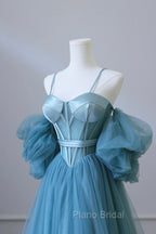Blue Tulle Long Spaghetti Strap Formal Prom Dresses and Corset, Detachable off Shoulder Party Dresses