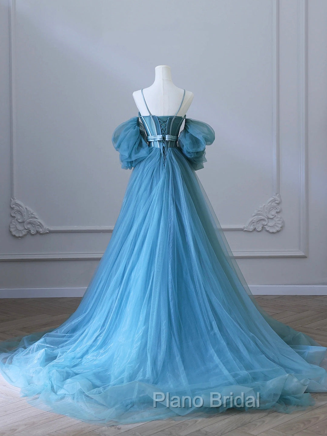 Blue Tulle Long Spaghetti Strap Formal Prom Dresses and Corset, Detachable off Shoulder Party Dresses Secondary image