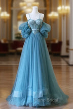 Blue Tulle Long Spaghetti Strap Formal Prom Dresses and Corset, Detachable off Shoulder Party Dresses