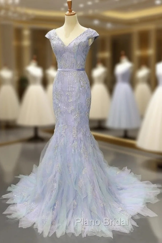 Blue Tulle Mermaid Deep V-neck Backless Formal Prom Dresses With Beading Main image