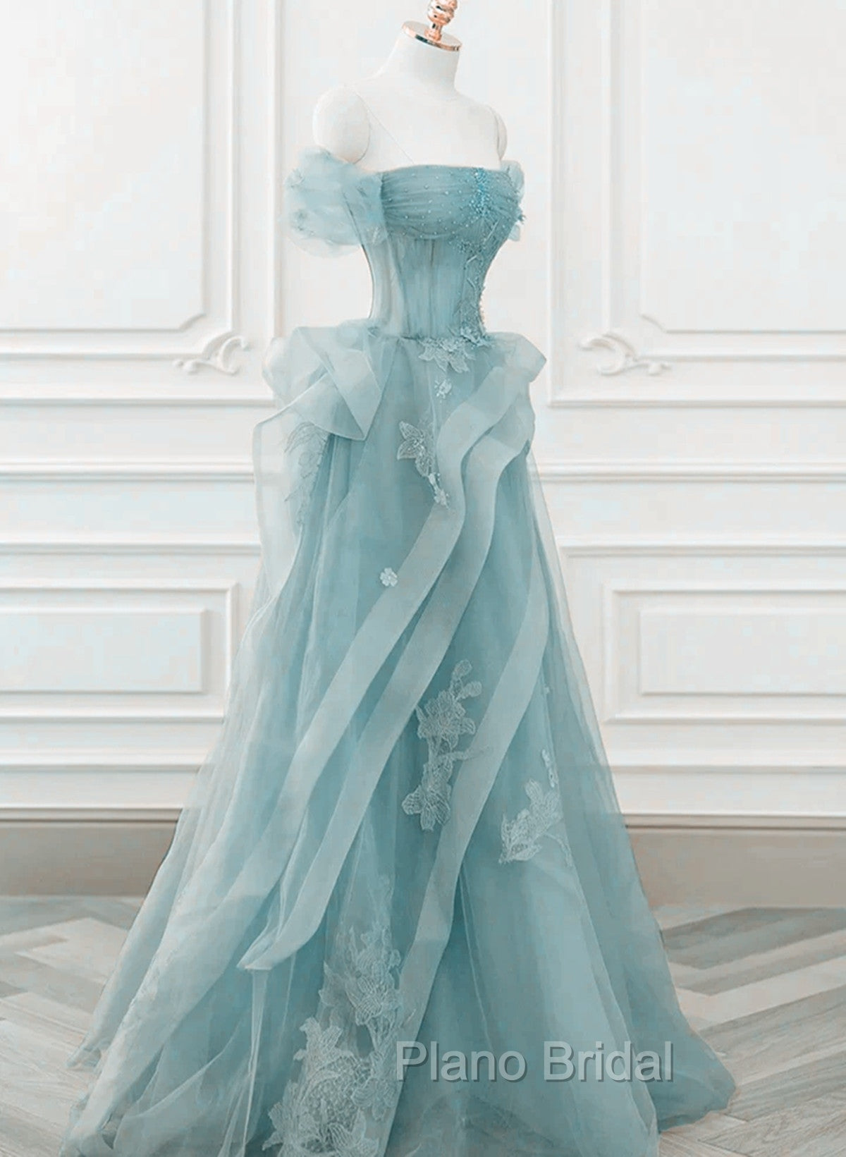 Blue Tulle Off Shoulder Beaded Lace Long Formal Prom Dresses, Blue Formal Dresses Secondary image