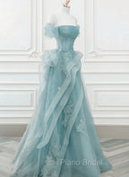 Blue Tulle Off Shoulder Beaded Lace Long Formal Prom Dresses, Blue Formal Dresses