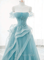 Blue Tulle Off Shoulder Beaded Lace Long Formal Prom Dresses, Blue Formal Dresses