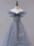 Blue Tulle Off Shoulder Long Formal Prom Dresses, Blue A line Evening Dresses