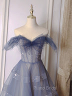 Blue Tulle Off Shoulder Long Formal Prom Dresses, Blue A line Evening Dresses
