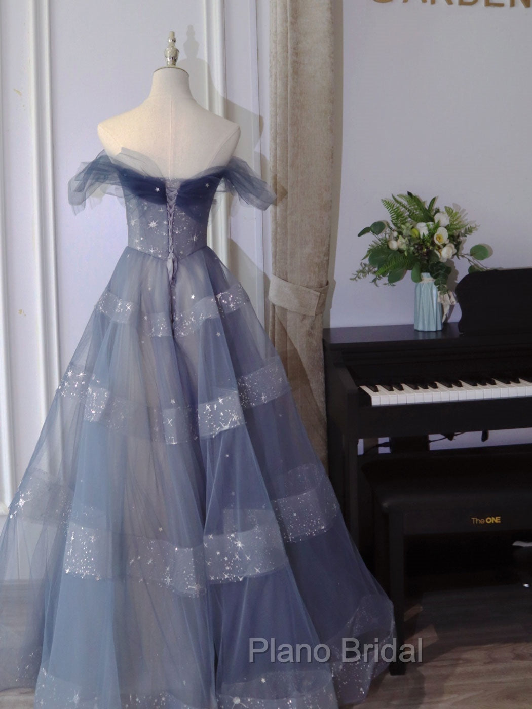 Blue Tulle Off Shoulder Long Formal Prom Dresses, Blue A line Evening Dresses Secondary image