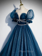 Blue Tulle Off Shoulder Long Formal Prom Dresses, Blue Tulle Formal Dresses