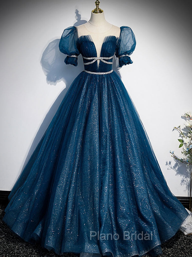 Blue Tulle Off Shoulder Long Formal Prom Dresses, Blue Tulle Formal Dresses Secondary image
