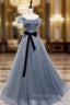 Blue Tulle Off Shoulder Sequin Long Formal Prom Dresses Blue Evening Dresses