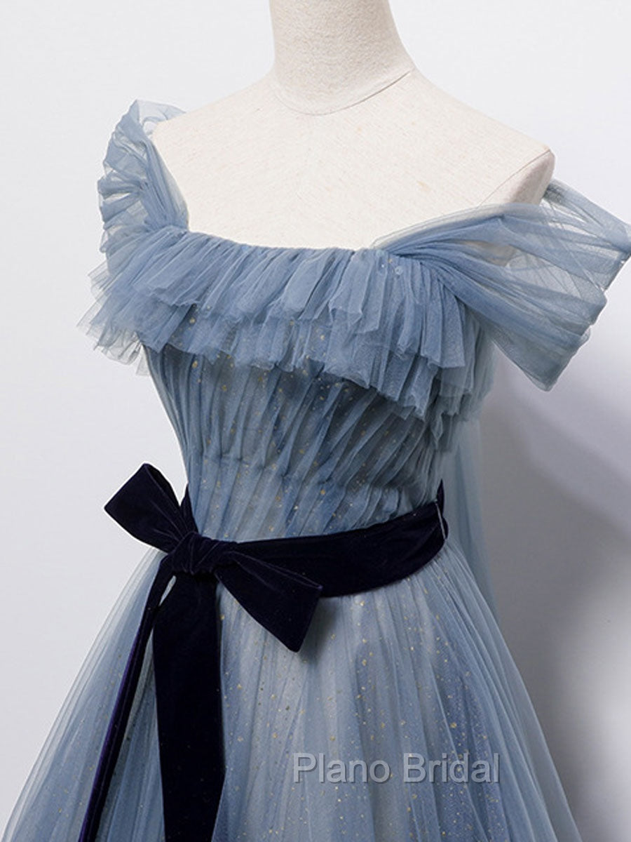 Blue Tulle Off Shoulder Sequin Long Formal Prom Dresses Blue Evening Dresses