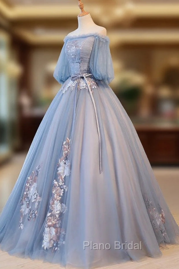 Blue Tulle Off Shoulder with Lace Floral Long Party Dresses, Cute Party Dresses Formal Prom Dresses Secondary image