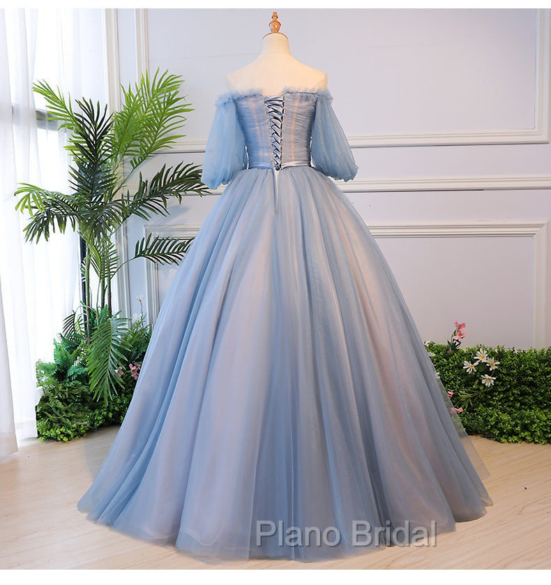 Blue Tulle Off Shoulder with Lace Floral Long Party Dresses, Cute Party Dresses Formal Prom Dresses