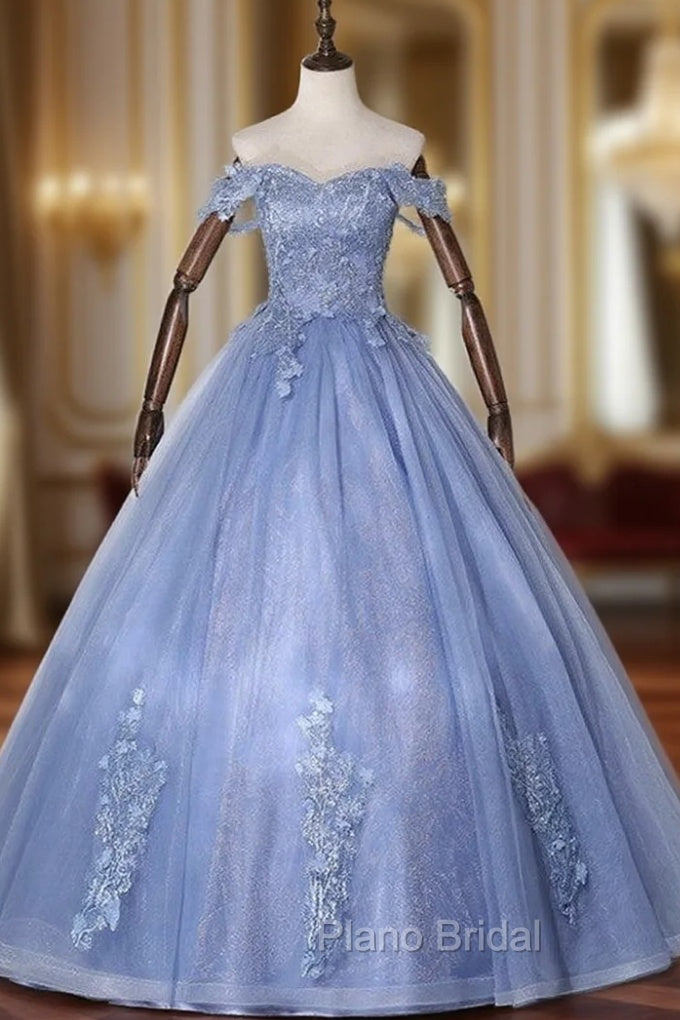 Blue Tulle Off the Shoulder Appliques Beading Quinceanera Dresses Main image