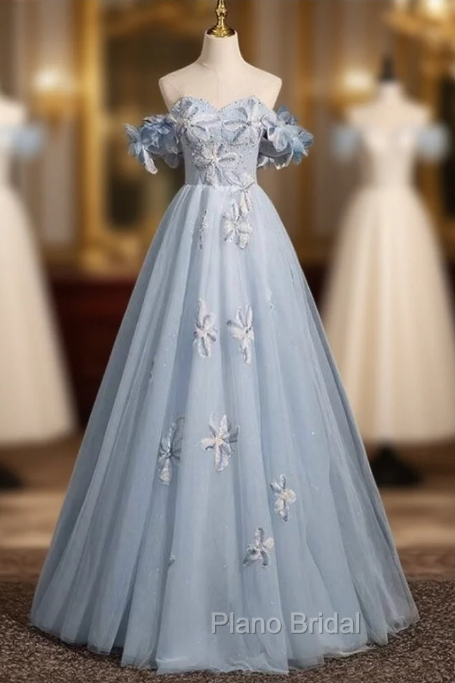 Blue Tulle Off the Shoulder Flower Pearls Formal Prom Dresses Main image