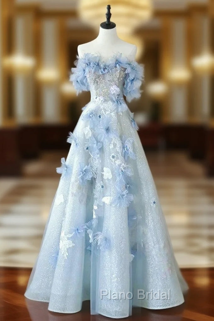 Blue Tulle Off the Shoulder Flower Formal Prom Dresses Main image