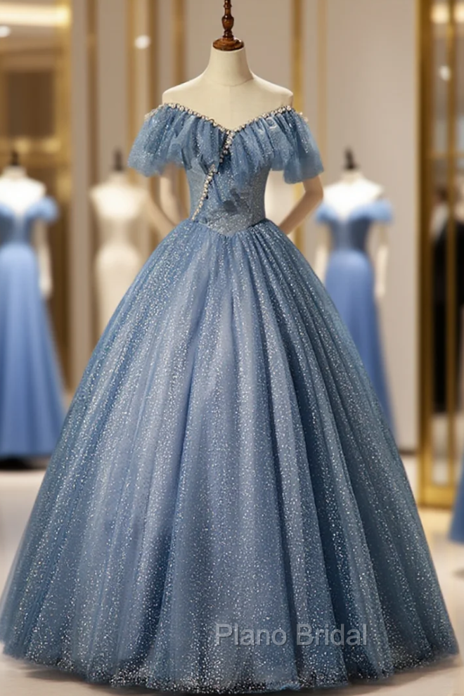 Blue Tulle Off the Shoulder Pearls Quinceanera Dresses