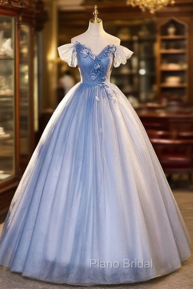 Blue Tulle Off the Shoulder Pleats Appliques Quinceanera Dresses