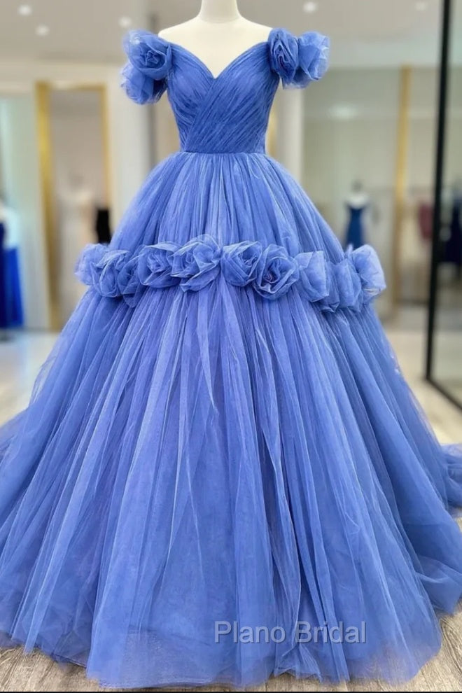 Blue Tulle Off the Shoulder Pleats Flower Formal Prom Dresses
