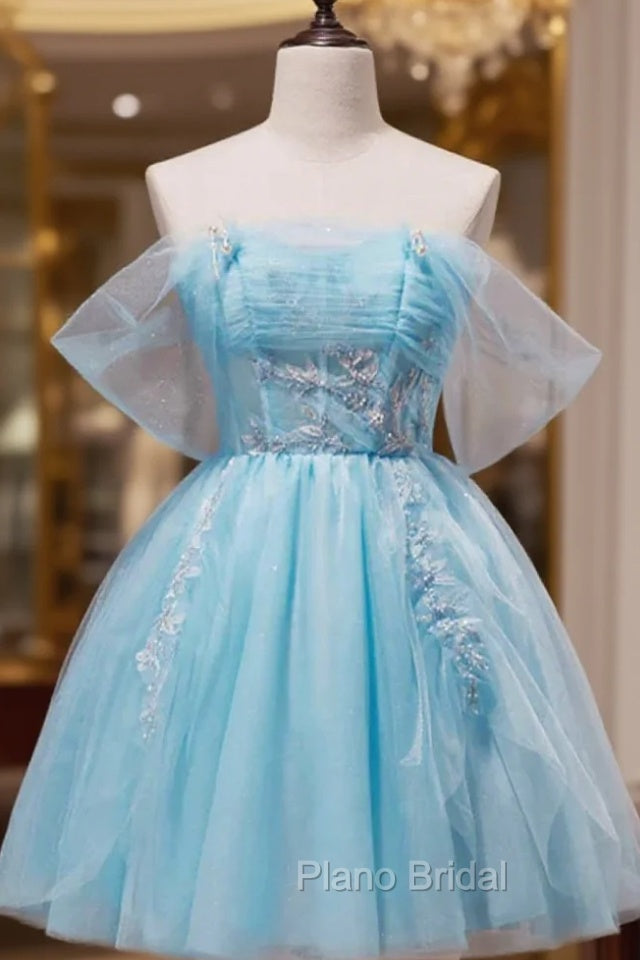 Blue Tulle Off the Shoulder Pleats Homecoming Dresses Main image