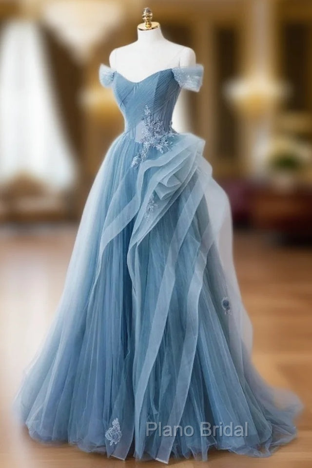 Blue Tulle Off the Shoulder Pleats Formal Prom Dresses Main image