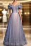 Blue Tulle Off the Shoulder Sequins Beading Formal Prom Dresses