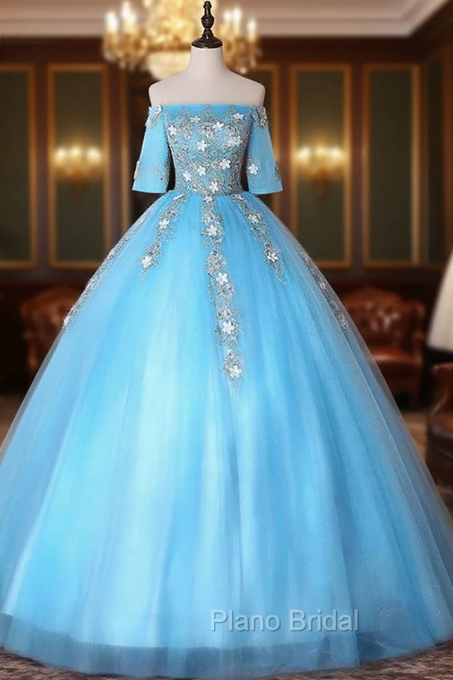 Blue Tulle Off the Shoulder Short Sleeve Appliques Quinceanera Dresses Main image
