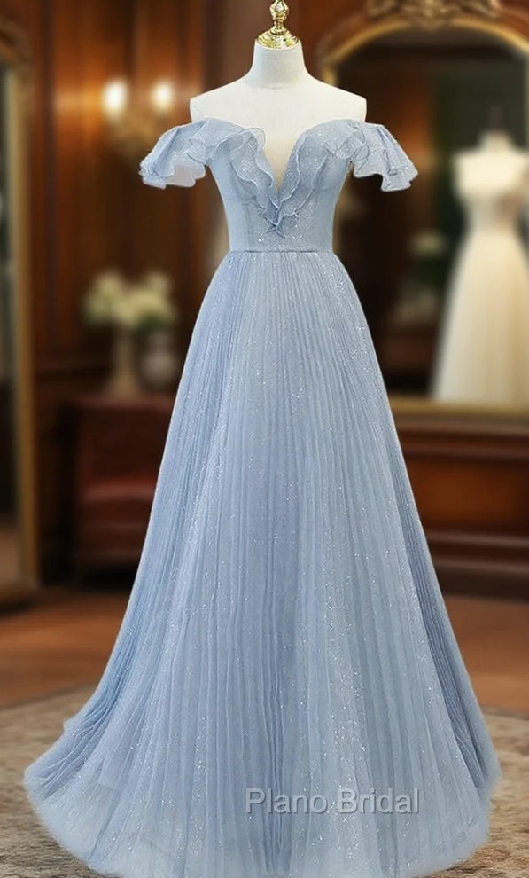 Blue Tulle Pleats Sequins Off the Shoulder Formal Prom Dresses Main image
