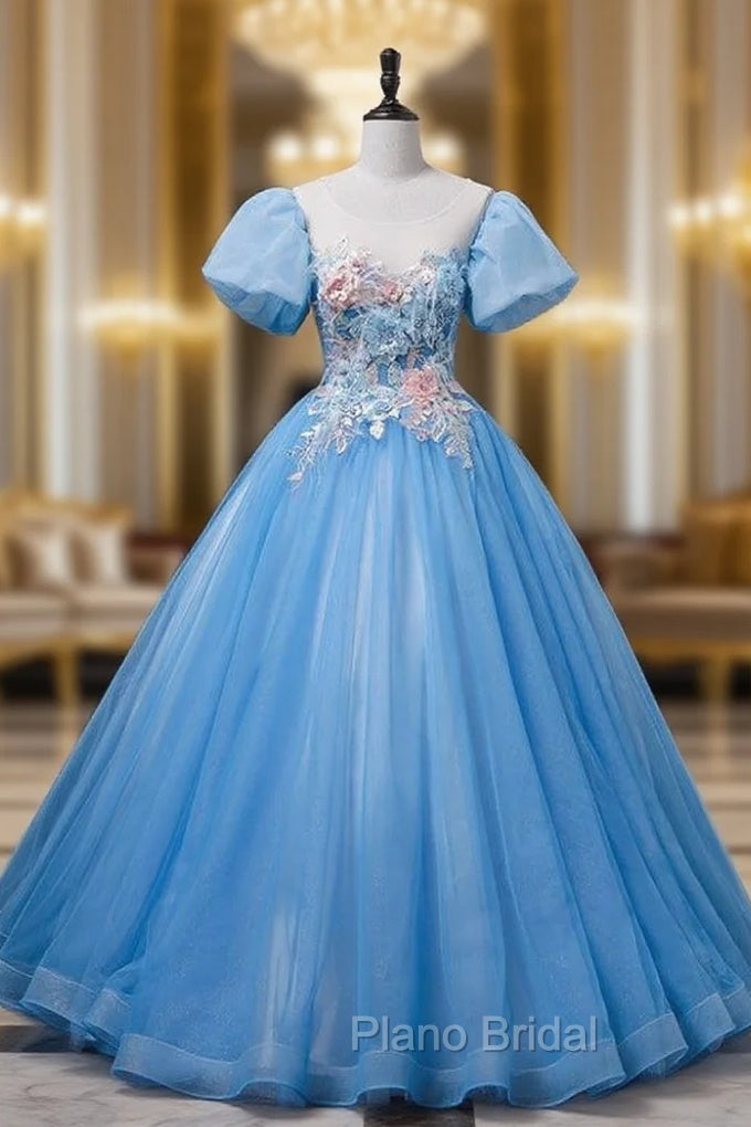 Blue Tulle Puff Sleeve Appliques Quinceanera Dresses Main image
