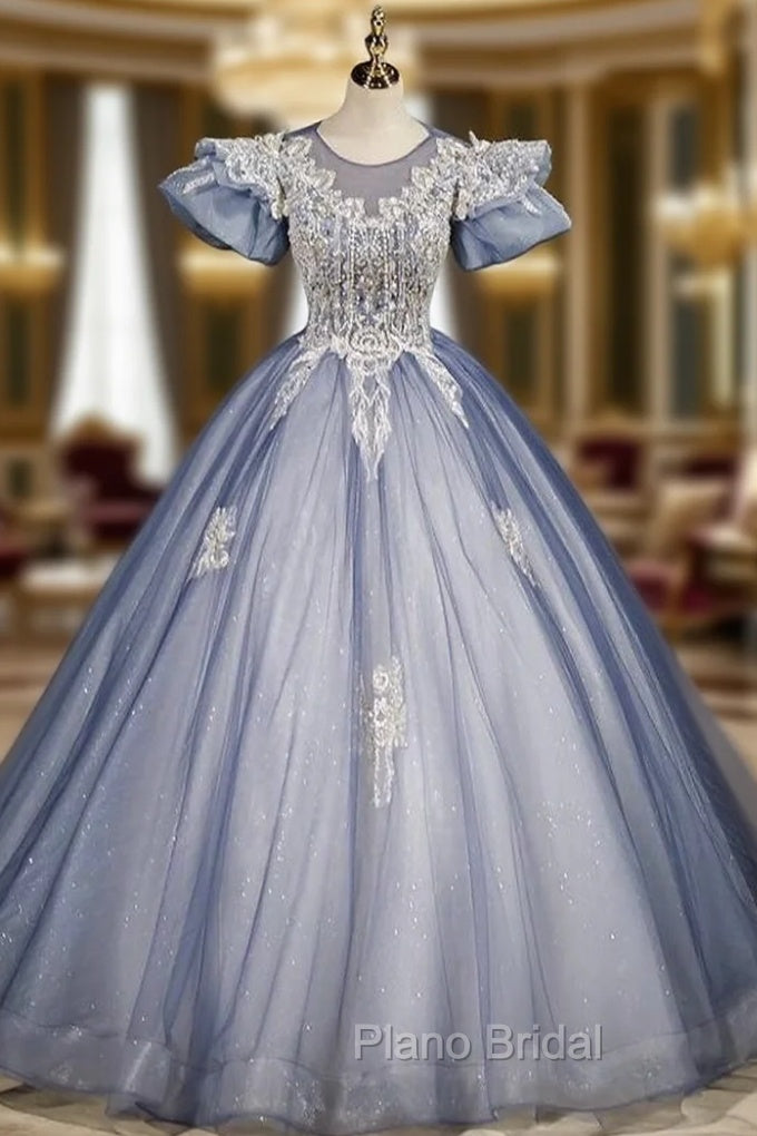 Blue Tulle Puff Sleeve Backless Beading Quinceanera Dresses Main image