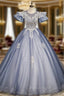 Blue Tulle Puff Sleeve Backless Beading Quinceanera Dresses