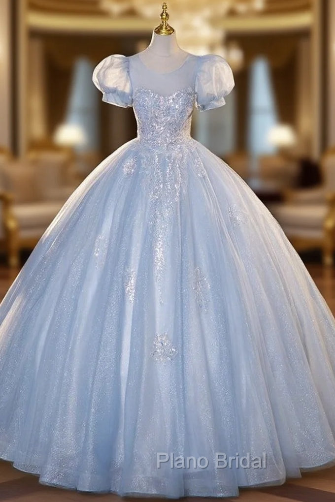 Blue Tulle Puff Sleeve Backless Sequins Quinceanera Dresses Main image